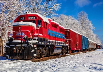Puzzelwereld legpuzzel bluebird 70282 red train in the snow 1500 stukjes p