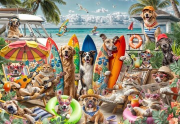 Puzzelwereld legpuzzel bluebird 91023 honden en katten op het strand 2000 stukjes p
