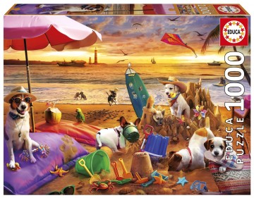 Puzzelwereld legpuzzel educa 20312 spelende honden op het strand 1000 stukjes f